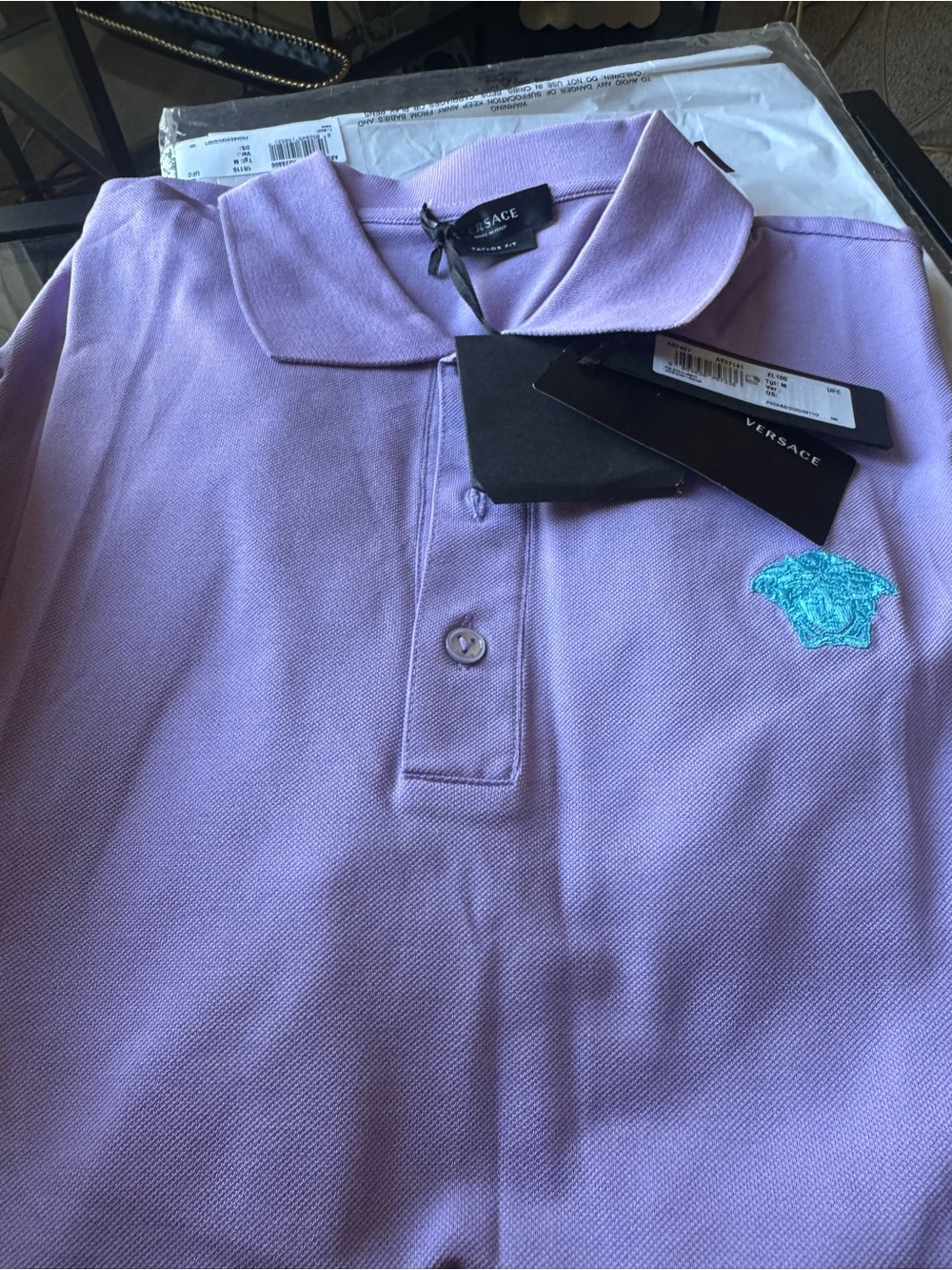 Versace Lavender Polo with Turquoise Medusa Embroidery